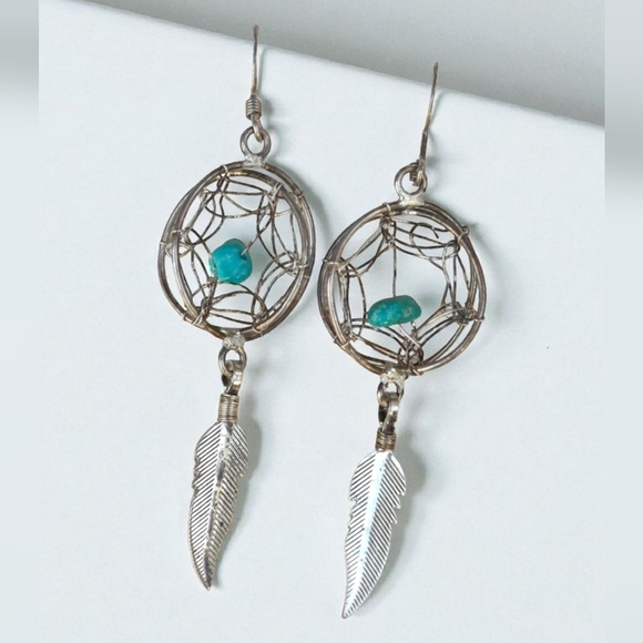 Vintage Jewelry - Vintage Turquoise Native American Dreamcatcher And Feather Earrings